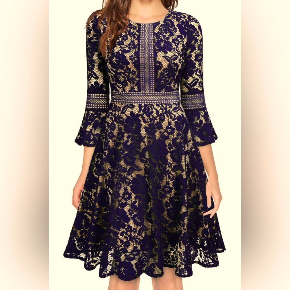 Navy Vintage Style Full Lace Contrast Flare Sleeve Swing A-Line Dress Size SMALL